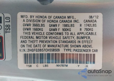2012 Honda Civic Lx from USA, damaged, VIN 2HGFG3B57CH558509